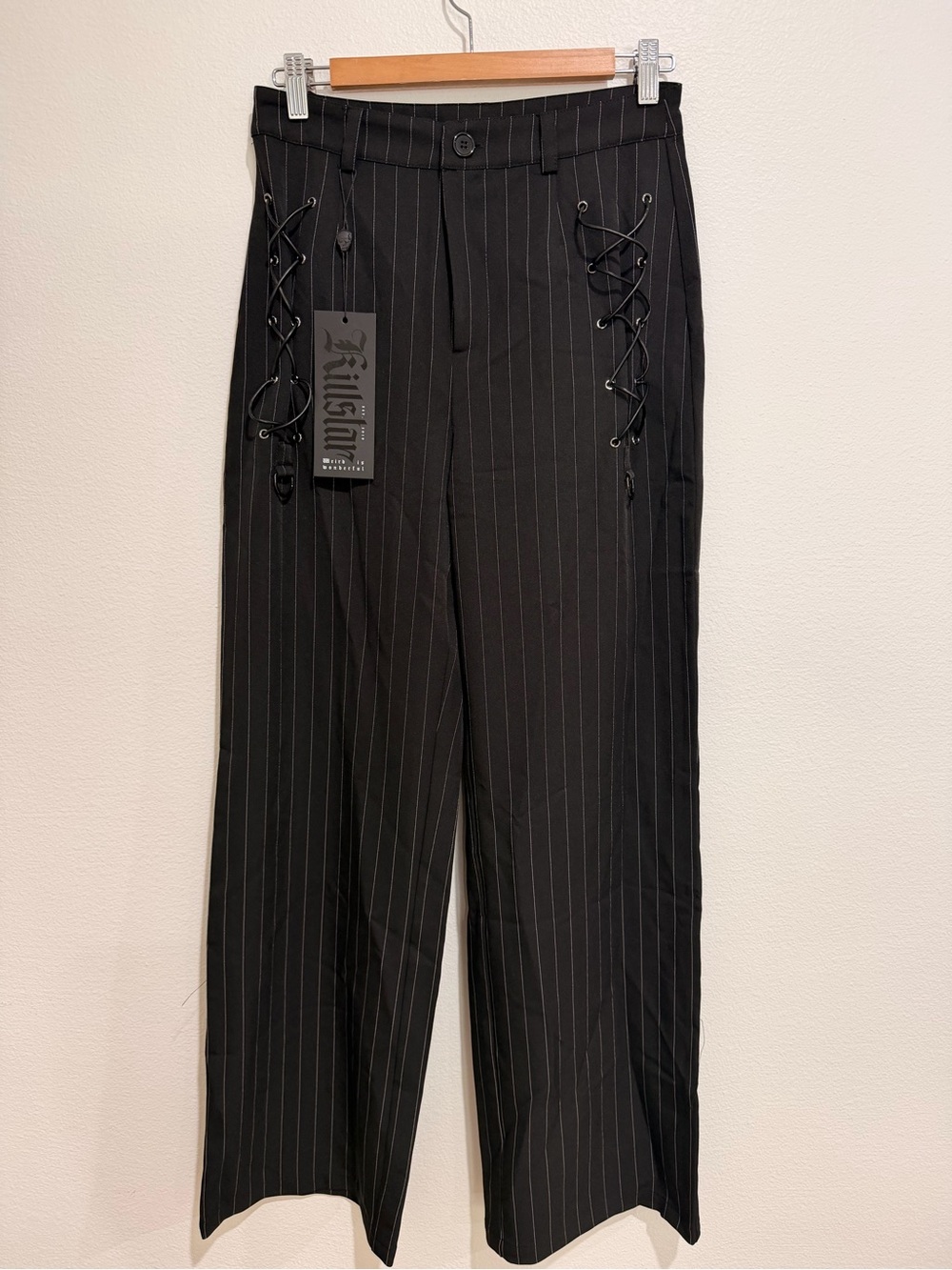 Killstar Curious Trousers Black Pinstripe Lace-Up 2 NWT